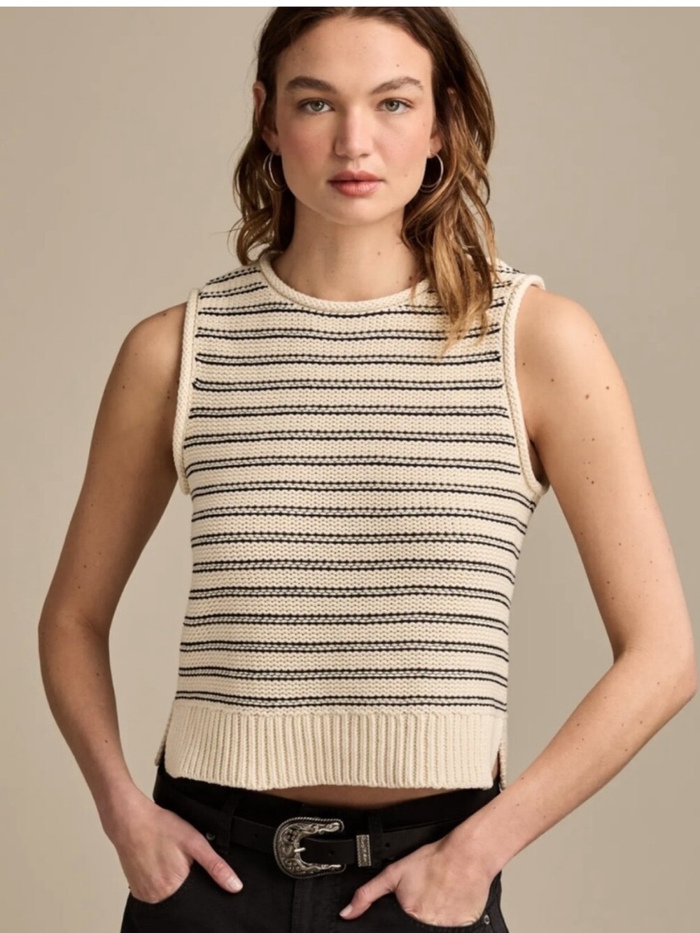 Lucky Brand Cream & Black Striped Knit Tank / Vest size large